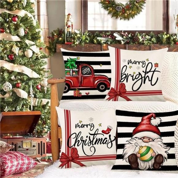 Set of 4 Christmas Decorations Winter Xmas Farmhouse Pillow Covers - Picture 3 of 7